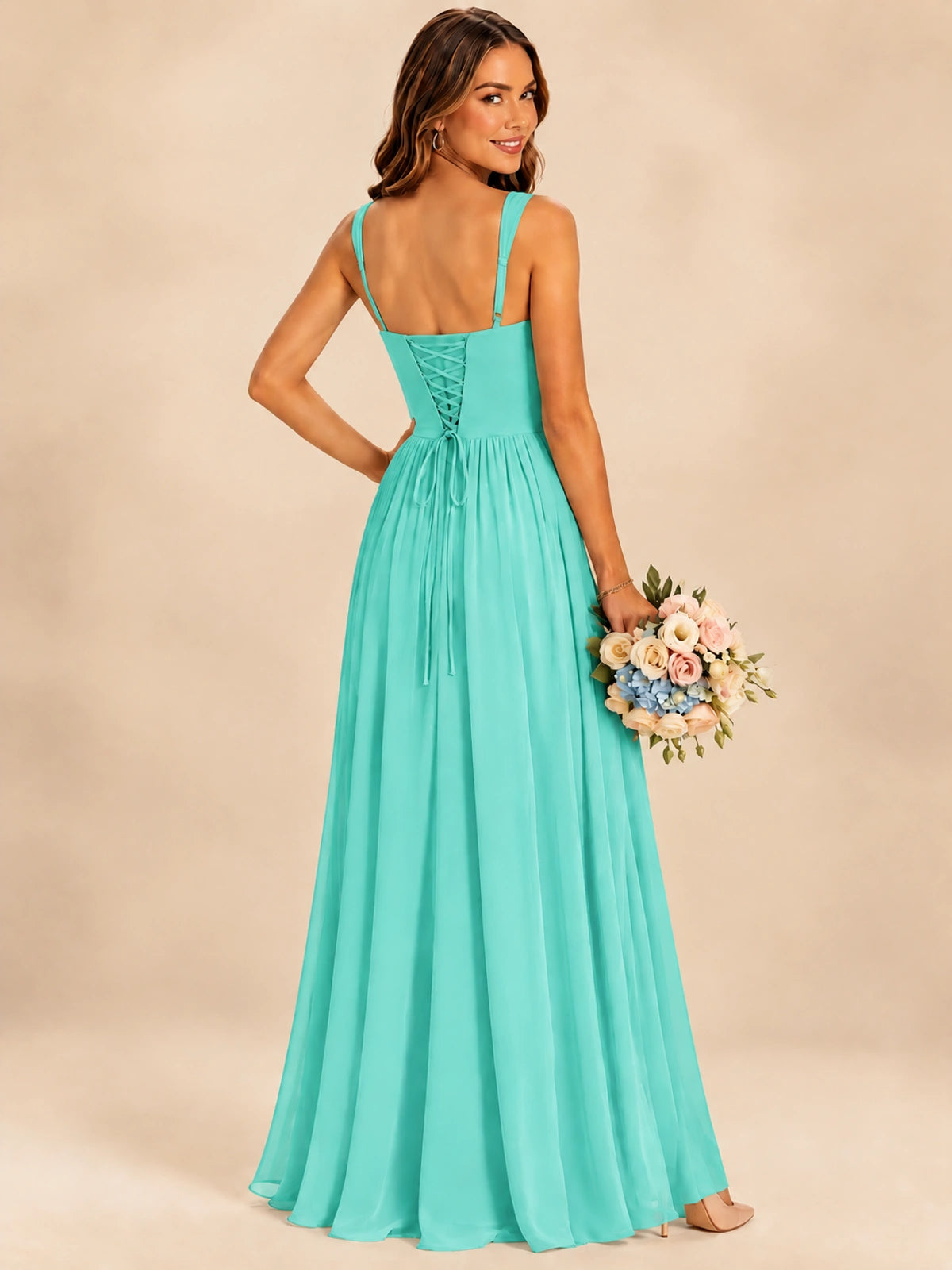 Spaghetti Straps Pleated Chiffon Bridesmaid Dress with Ruffle Slit