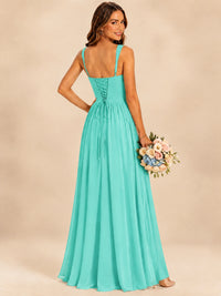 Spaghetti Straps Pleated Chiffon Bridesmaid Dress with Ruffle Slit