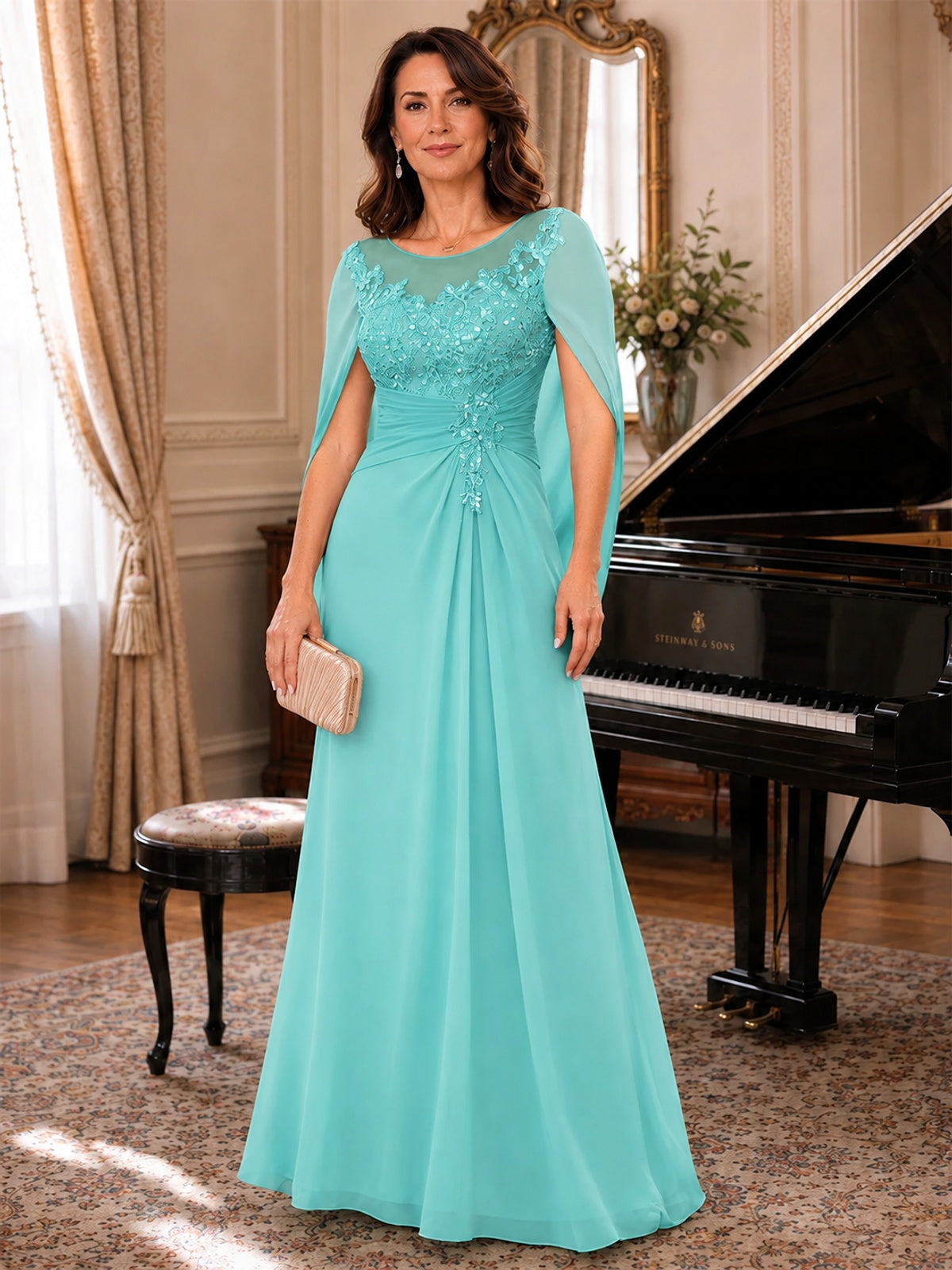 Elegant Applique Chiffon Mother of the Bride Dress with Cape Sleeves