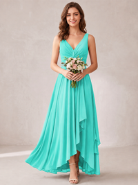 V-Neck High-Low Chiffon Bridesmaid Dress with Ruffles