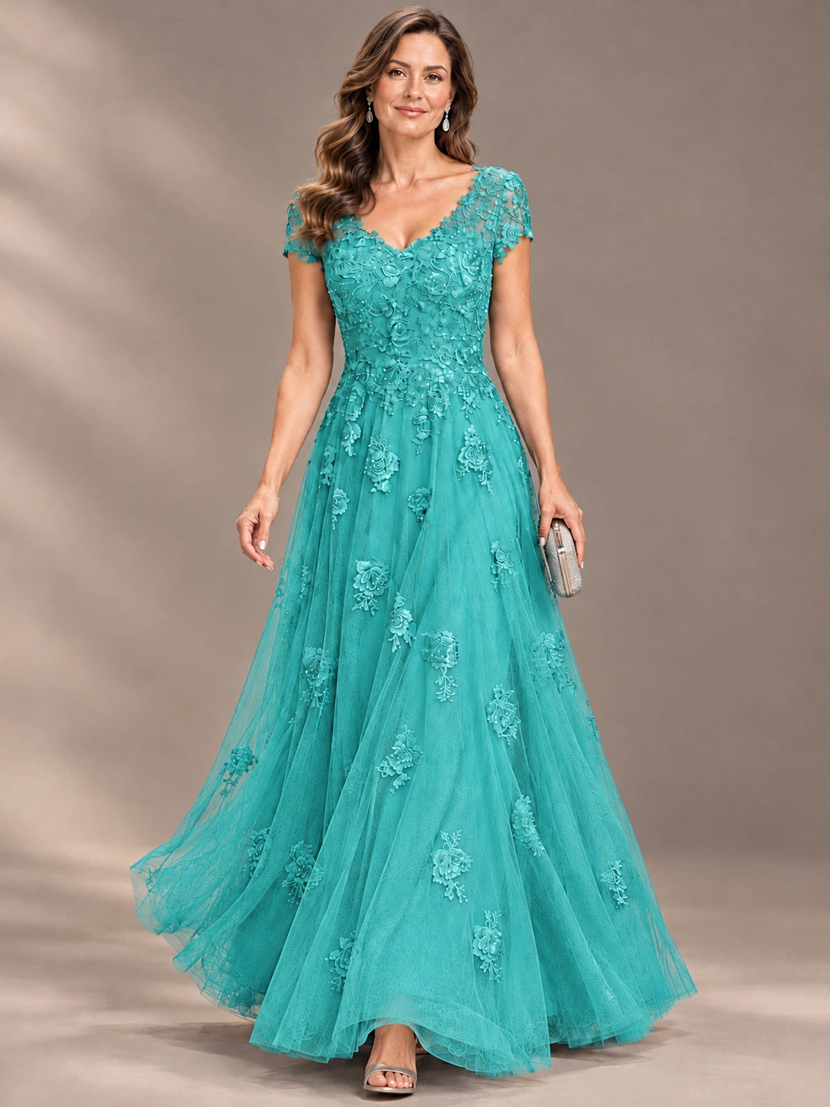 Lace Appliques A-line Mother of The Bride Dresses with Short Sleeves