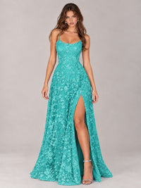 Floral Lace A-Line Prom Dress with Spaghetti Straps & High Slit