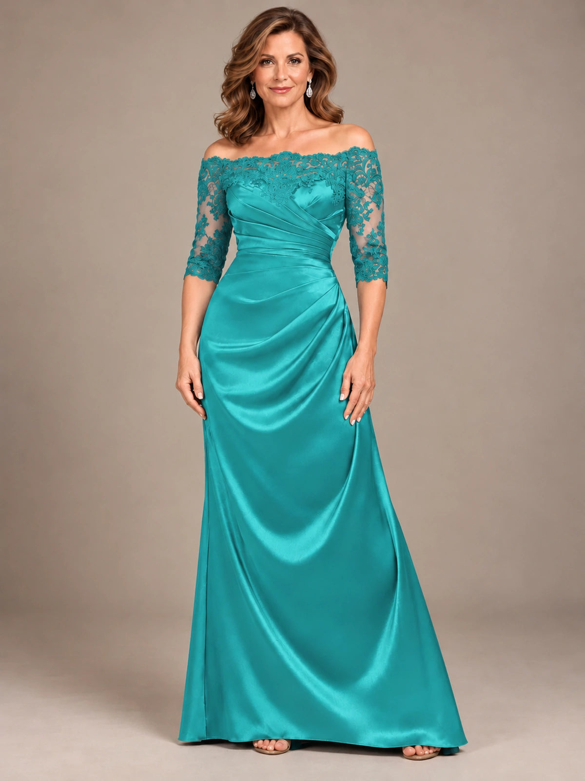 Satin Mother of the Bride Dress with Lace Sleeves Off Shoulder Formal Gown