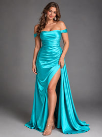 Off Shoulder Satin Maxi Dress with Slit