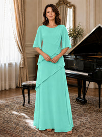 Asymmetric Draped Chiffon Mother of the Bride Dress with Flutter Sleeves