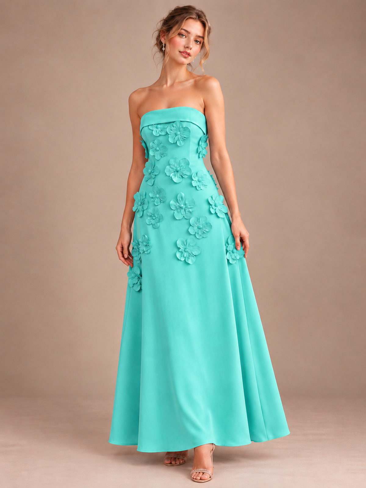 Turquoise Strapless 3D Floral Appliques Maxi Dress
