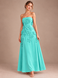 Turquoise Strapless 3D Floral Appliques Maxi Dress