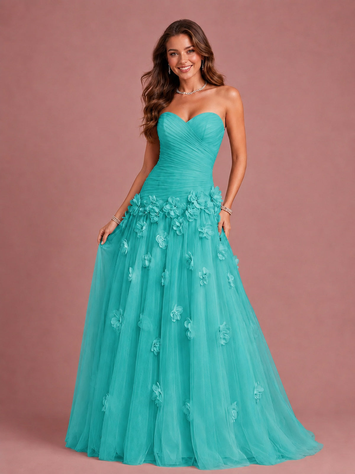 Blush Pink Strapless Sweetheart 3D Floral Tulle Ball Gown Prom Dres