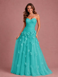 Blush Pink Strapless Sweetheart 3D Floral Tulle Ball Gown Prom Dres