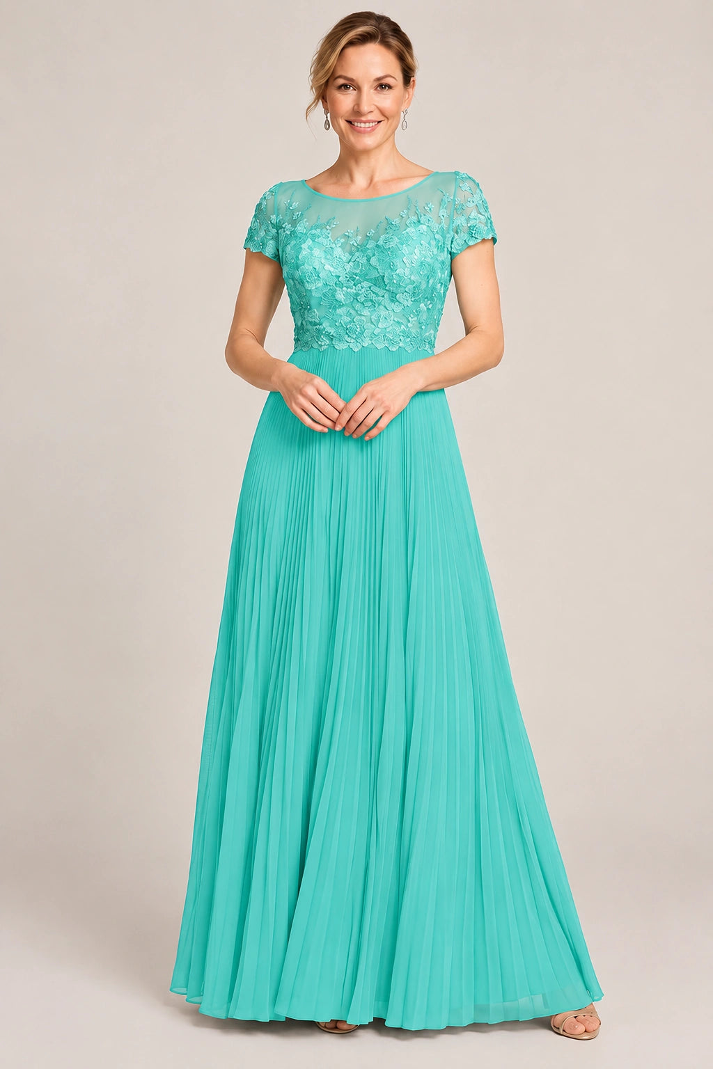 Embroidered Lace Pleated Mother of the Bride Dress