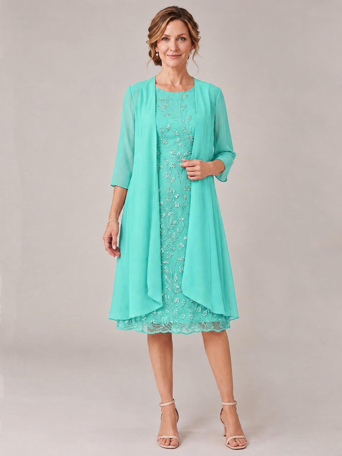 Turquoise-2 Piece Lace Appliques Chiffon Mother of The Bride Dress with Sequin