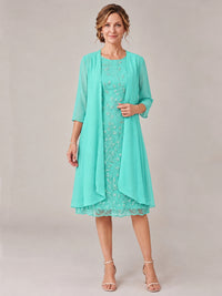 Turquoise-2 Piece Lace Appliques Chiffon Mother of The Bride Dress with Sequin