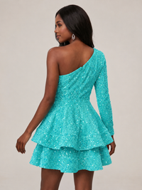 Puffy One Shoulder Sequin Tiered Mini Dress
