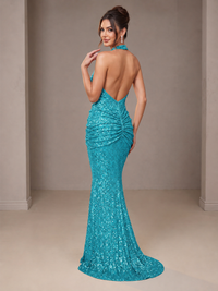 Gold Halter Sequin Mermaid Ruched Prom Dress Long Ruched Evening Gown