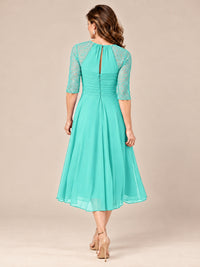 Tea-Length Mother of the Bride Dress with Lace 3/4 Sleeves