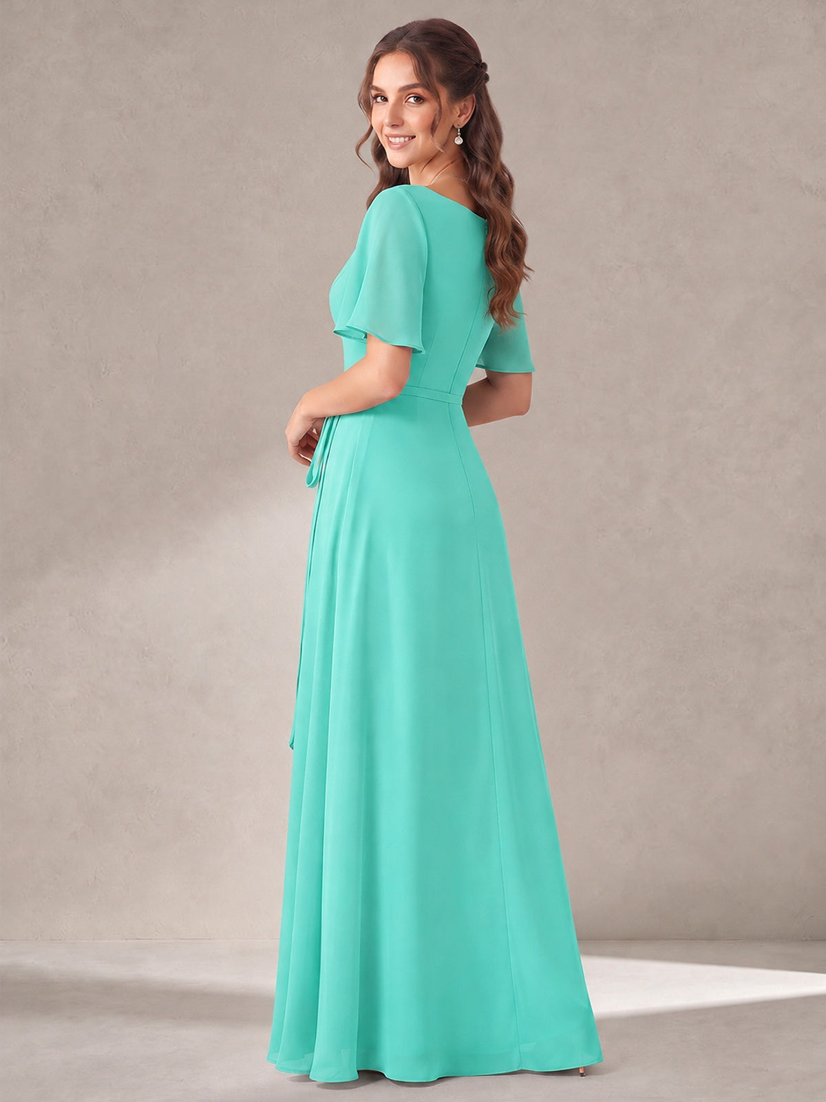 Scoop Neck A-line Chiffon Bridesmaid Dress with Flutter Sleeve & Belt