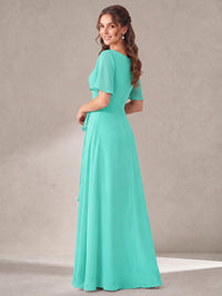 Scoop Neck A-line Chiffon Bridesmaid Dress with Flutter Sleeve & Belt