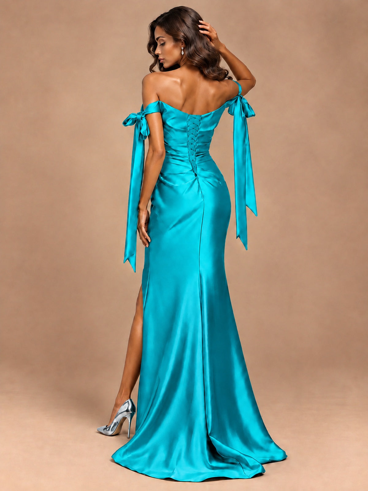 Off The Shuolder Satin Prom Dress Slit Mermaid Formal Gowns
