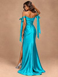 Off The Shuolder Satin Prom Dress Slit Mermaid Formal Gowns