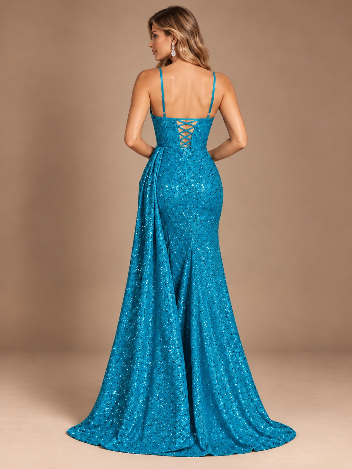 Burgundy Sequin Corset Prom Dress with High Slit