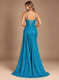 Burgundy Sequin Corset Prom Dress with High Slit