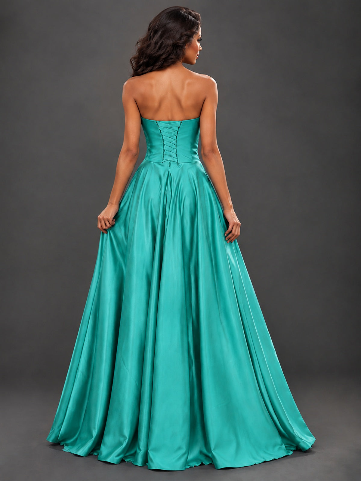 Draped Satin Prom Dress Strapless A-line Formal Dress Floor Length