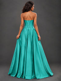 Draped Satin Prom Dress Strapless A-line Formal Dress Floor Length