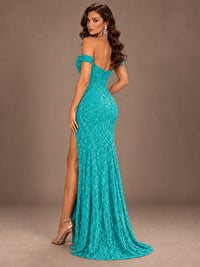 Off the Shoulder Corset Sequin Mermaid Prom Dress with Slit