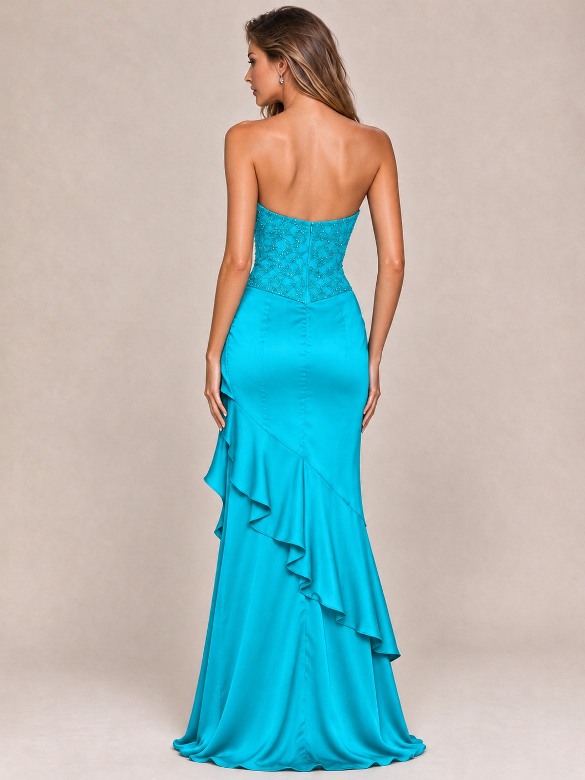 Strapless Lace Appliques Corset Satin Prom Dress Ruffle Slit Evening Gown