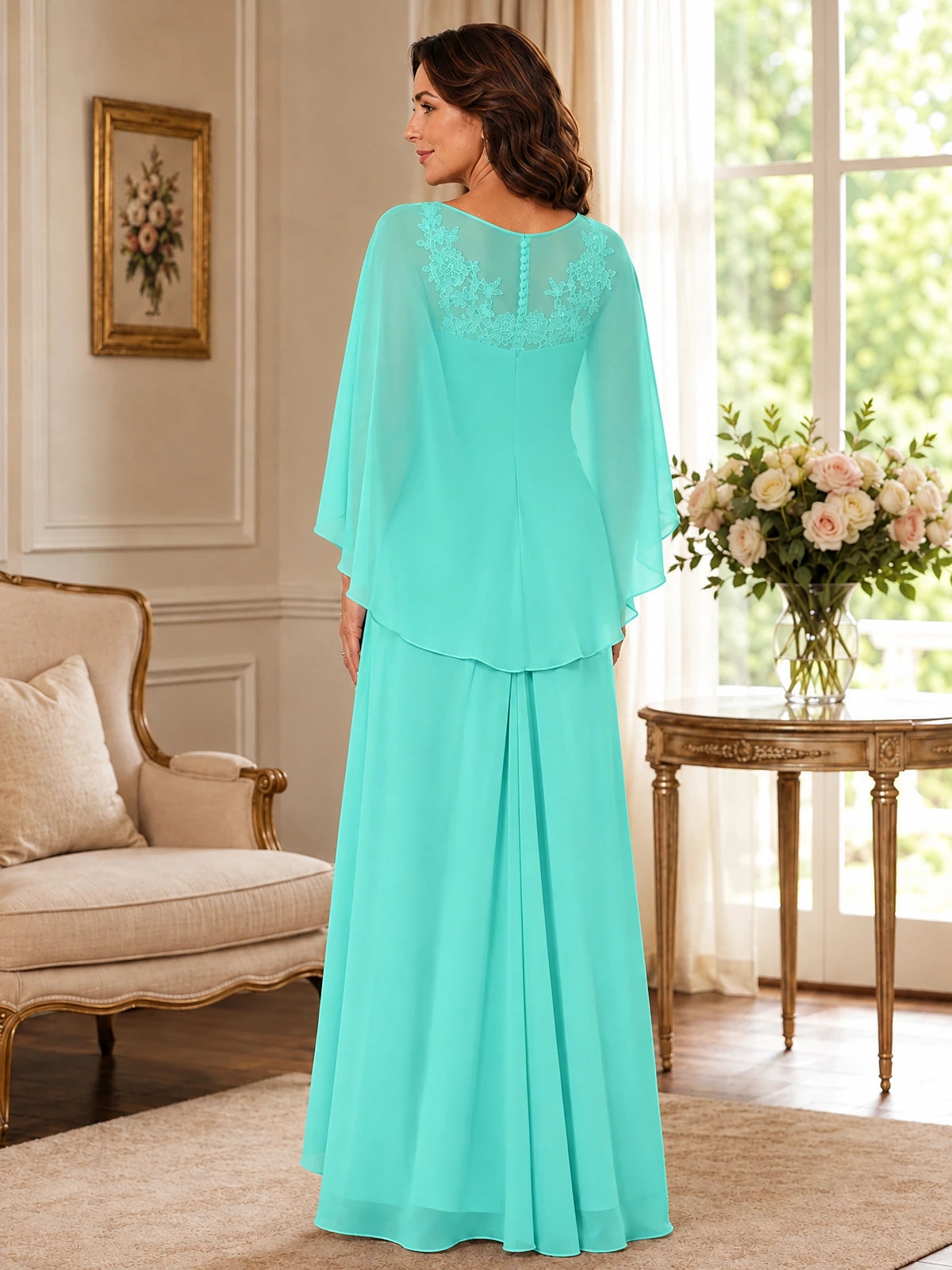 Elegant Chiffon Mother of the Bride Dress with Lace Applique and Cape Sleeves