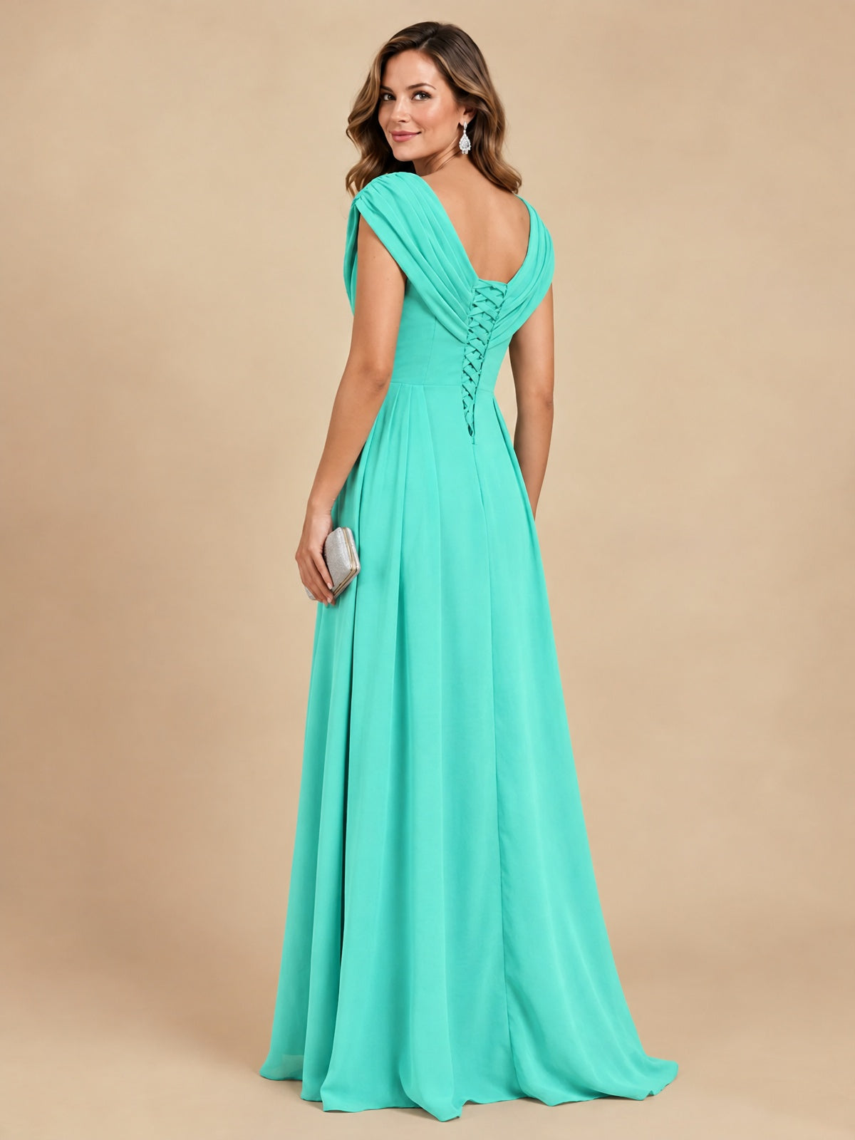 V Neck Pleated Mother of The Bride Dresses with Beading Cap Sleeves