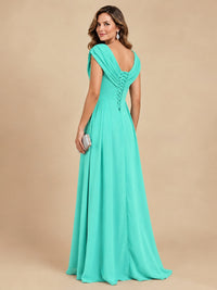 V Neck Pleated Mother of The Bride Dresses with Beading Cap Sleeves