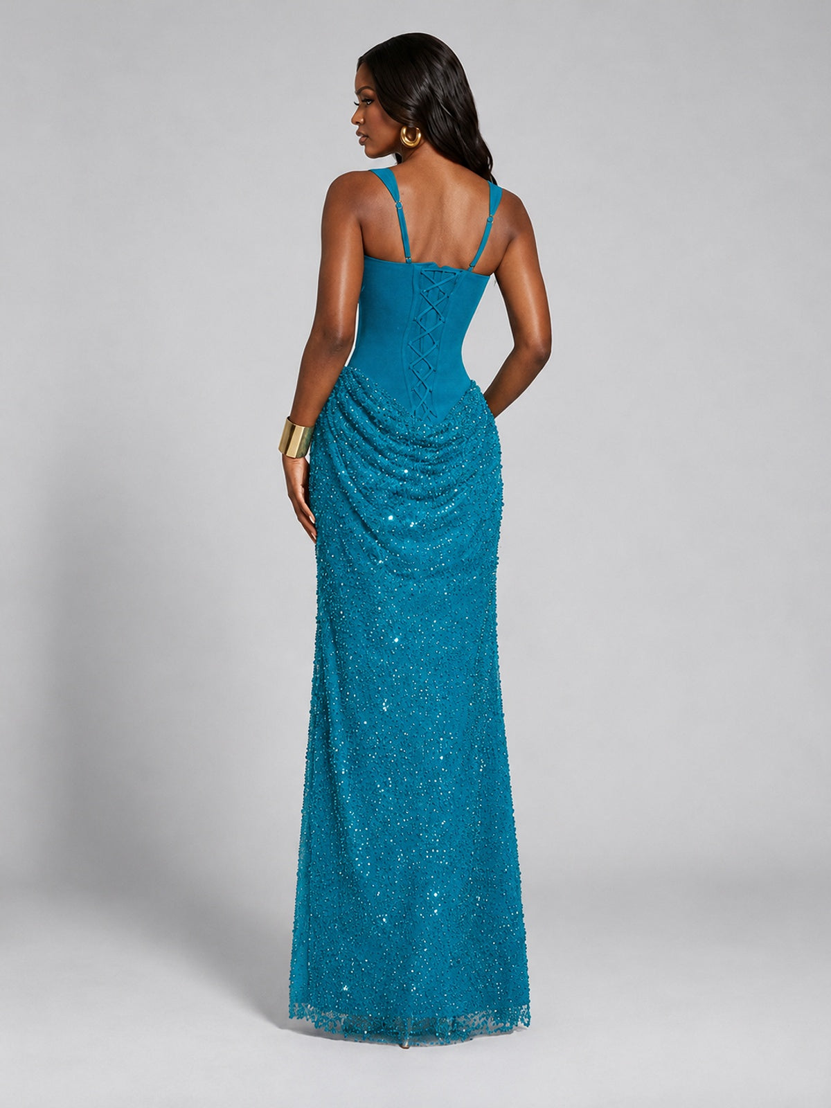 Sequin Corset Mermaid Prom Dress with Square Neck Wide Strap High Slit