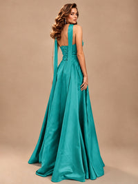 Strapless Prom Dress Side High Slit A-line Formal Dress with Scarf