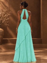 Wrap Pleated Prom Dress Halter A-line Chiffon Formal Wedding Dress
