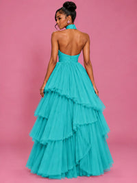 Hot Pink Tulle Halter Neck Tiered Ruffle Maxi Dress