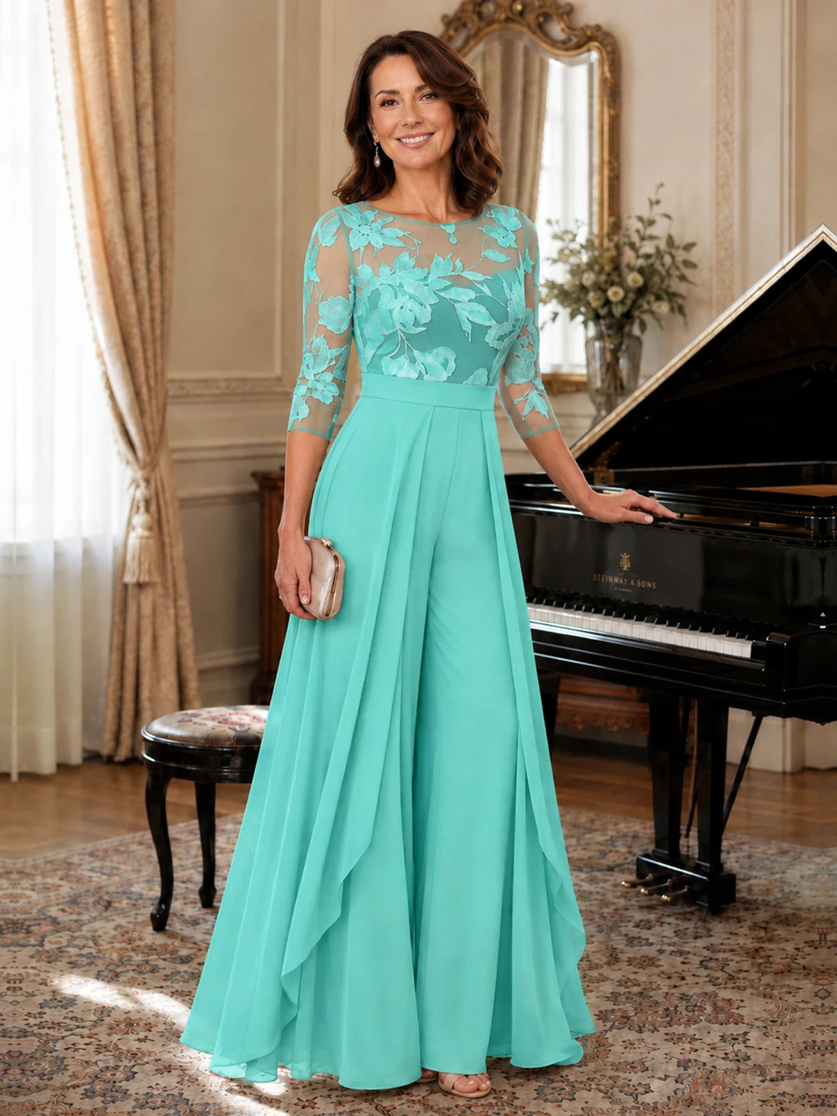 Lace Applique Wide-Leg Chiffon Mother of the Bride Jumpsuit