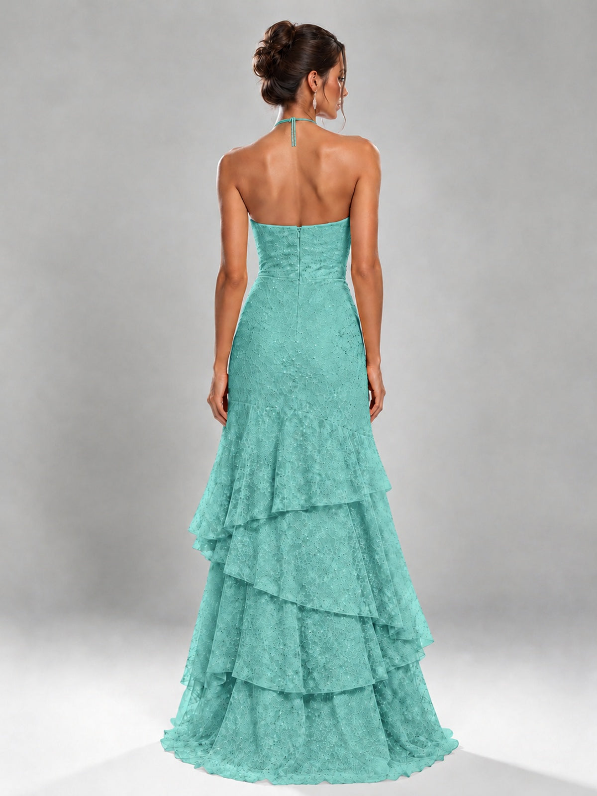 Halter Tiered Mermaid Prom Dress with Sparkly Lace
