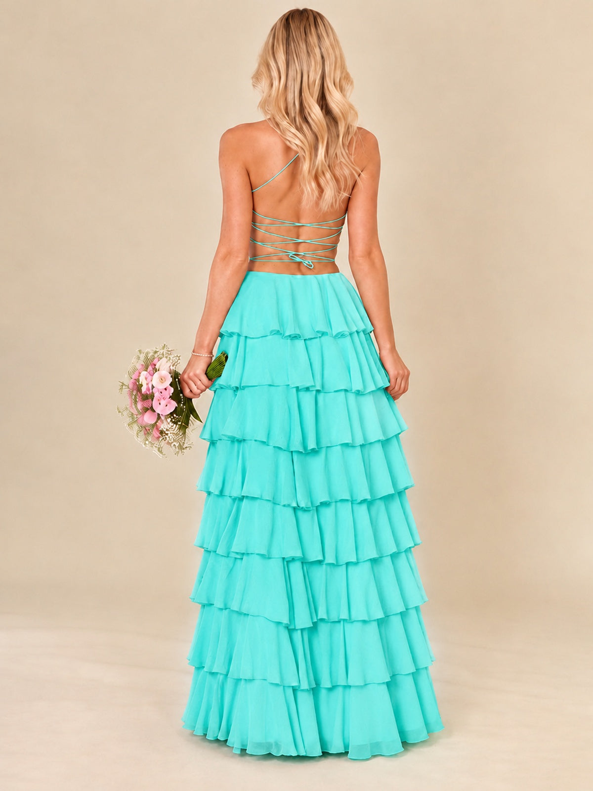 Ruffled Tiered Chiffon Prom Dress Spaghetti Straps Formal Maxi Dress with Slit