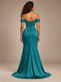Burgundy Off-the-Shoulder Satin Corset Prom Dress with Slit