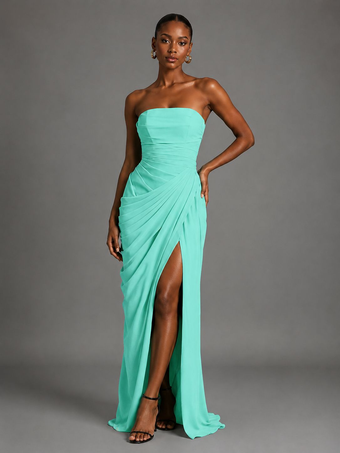 Strapless Bodycon Pleated Chiffon Formal Dress with Slit