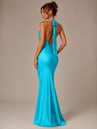 Olive Green Halter Satin Mermaid Maxi Dress