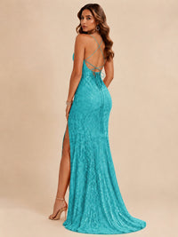 Sequin Lace Appliques Mermaid Prom Dress Spaghetti Strap Formal Gowns with Slit