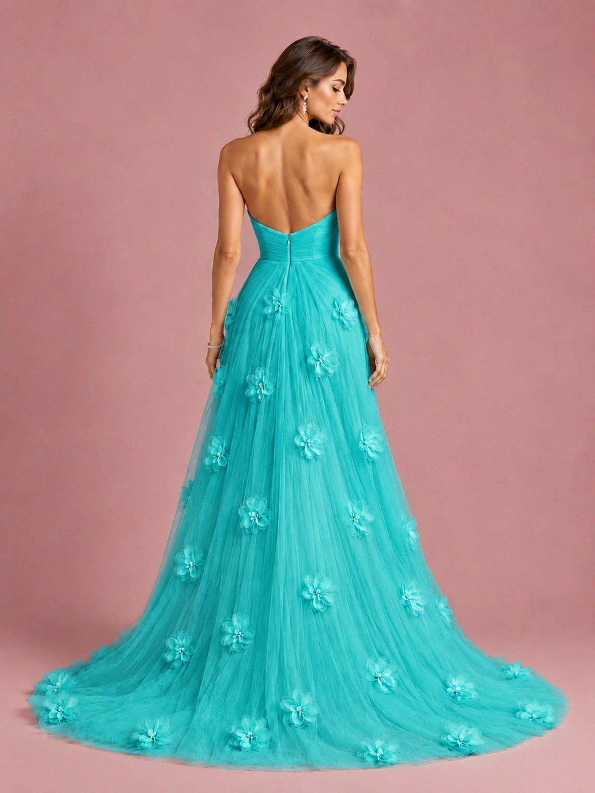 3D Floral Applique Strapless Tulle Prom Dress with High Slit