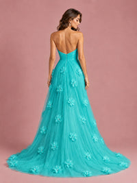 3D Floral Applique Strapless Tulle Prom Dress with High Slit