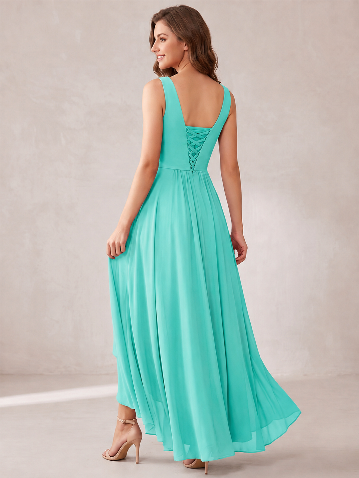 V-Neck High-Low Chiffon Bridesmaid Dress with Ruffles