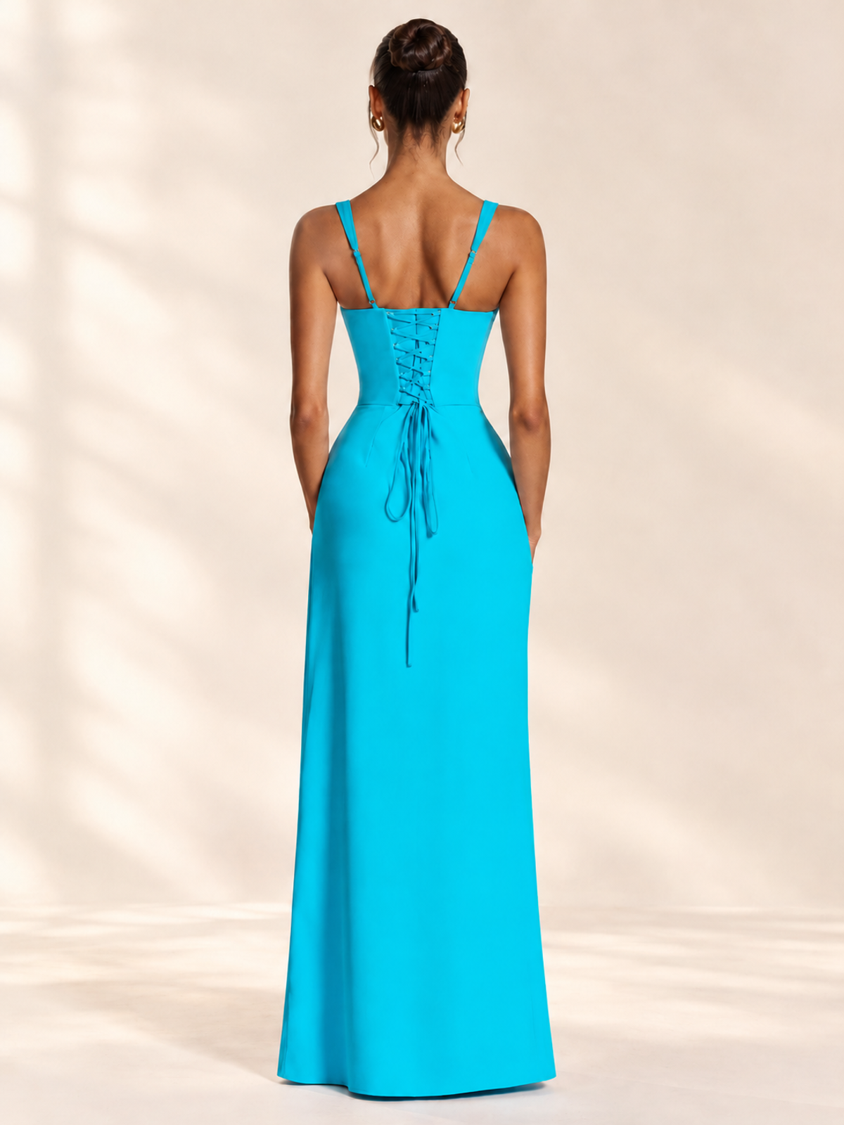 Square Neck Satin Sleeveless Ruched Prom Dress with High Slit