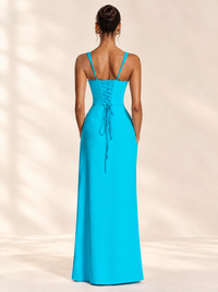 Square Neck Satin Sleeveless Ruched Prom Dress with High Slit