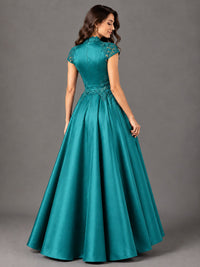 Lace Appliqué A-Line Satin Maxi Dress