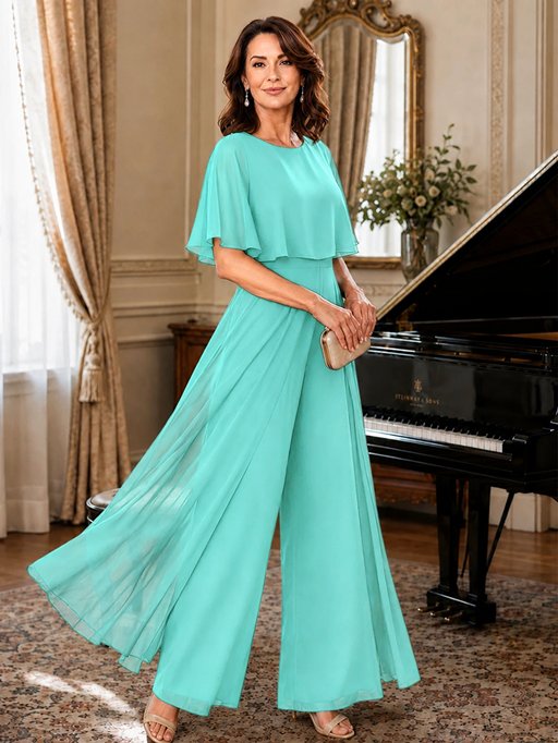 Chiffon Mother of the Bride Jumpsuit with Layered Cape Sleeves